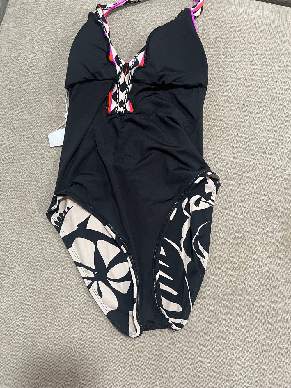 Black & Cream Floral One-Piece Swimsuit with Pink and Orange Trim - Picture 7 of 7